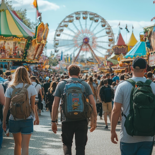 Photo two people walking through a crowded fairground with a ferris wheel in the background