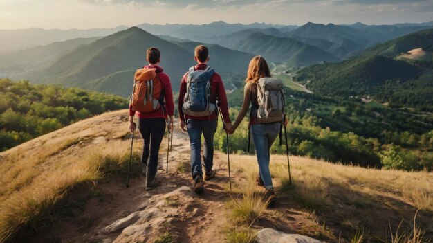 two people walking up a mountain with mountains in the background