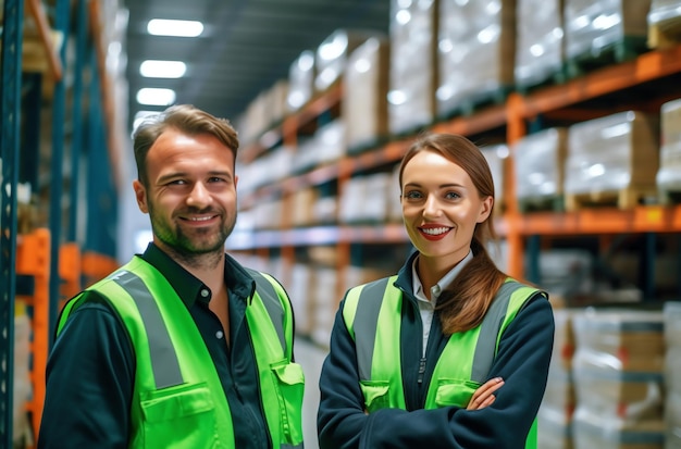 Two people in a warehouse with boxes on the floor