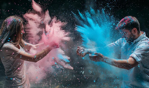 Photo two people in water with colored powder blue and red