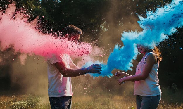 Photo two people in water with colored powder blue and red