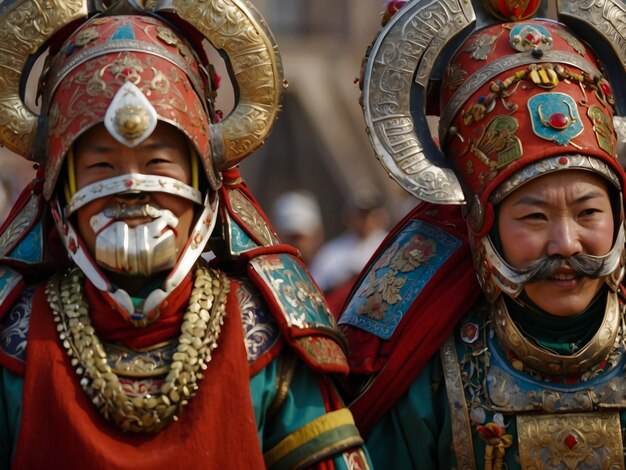 two people wearing colorful hats and one has a number of the number 8 on his head