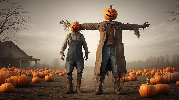 Photo two people wearing halloween pumpkins are standing in a field with pumpkins