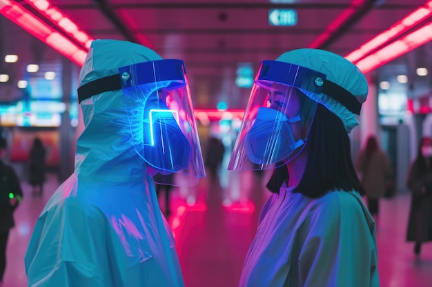 Two people wearing protective gear in a building