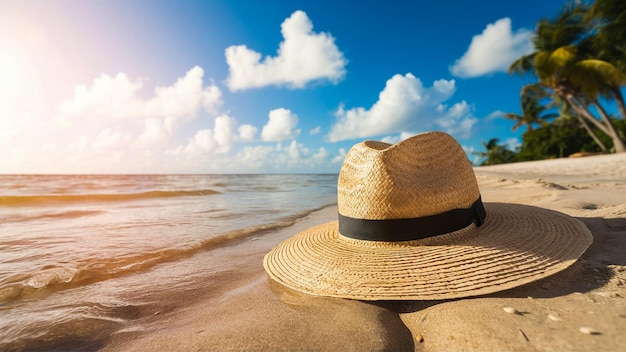 two people wearing straw hats are on a beach