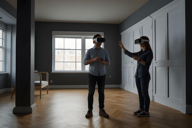 two people wearing virtual reality glasses are playing a video game