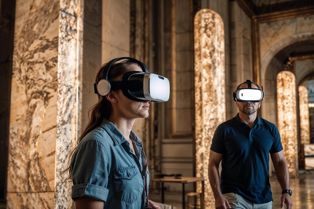 two people wearing virtual reality glasses are in a room with a man wearing a blue shirt