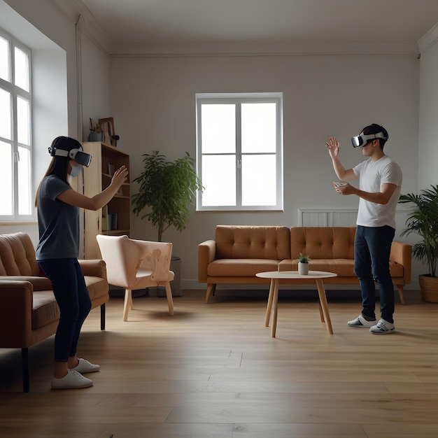 two people wearing virtual reality glasses one wearing a white shirt and the other wearing 3d glasse