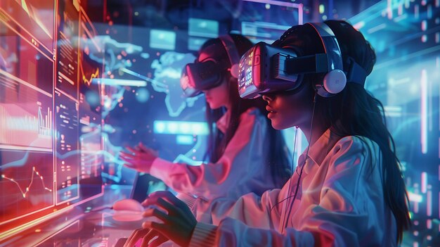 two people wearing virtual reality goggles are sitting in a room with a red light