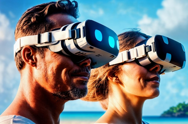 Two people wearing vr goggles on a beach