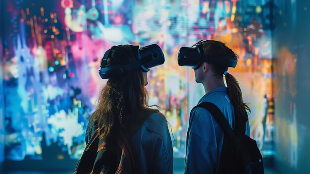 Two people wearing VR headsets looking at a large colorful screen