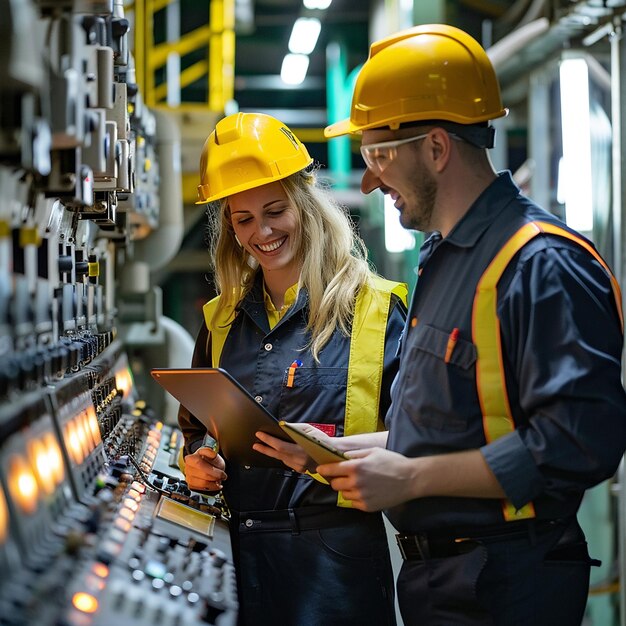 two people wearing yellow hard hats are looking at a machine that says quot the company quot