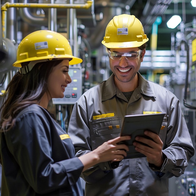 two people wearing yellow hard hats are smiling while wearing yellow helmets