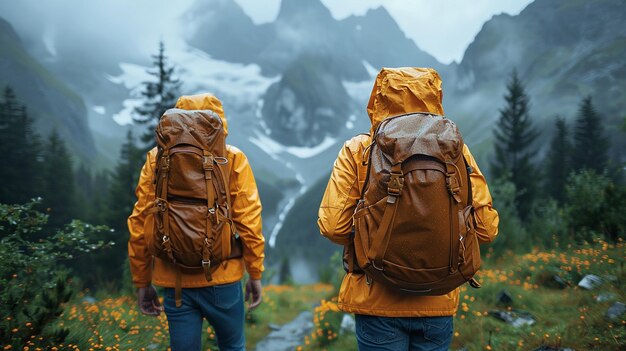 two people wearing yellow jackets with mountains in the background