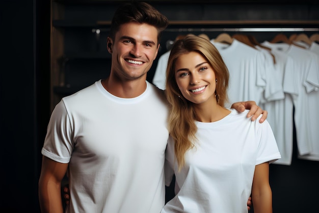 Two people in white tee shirts standing in a store