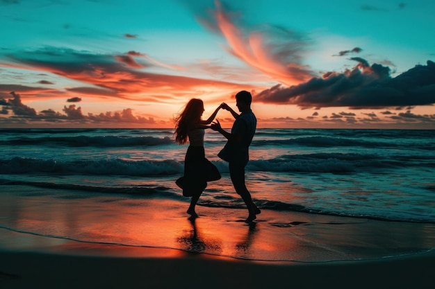 two people who are dancing at sunset in the style of cute and dreamy