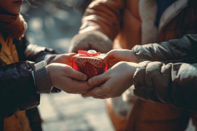 Photo two people in winter jackets exchange a small intricately wrapped gift symbolizing thoughtfulness and the joy of giving during a cold season