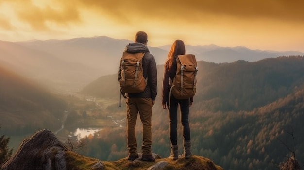 Two people with backpacks stand on a cliff looking at a sunset