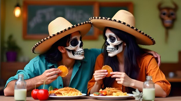 Photo two people with hats and a skull and a woman with a hat mexican day of the dead