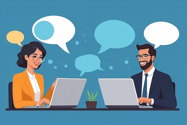 Two people with laptops talking Business man and woman holding computers in hand having a conversation and dialogue together smiling with speech bubbles Flat design vector illustration