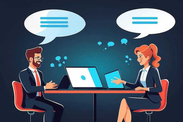 Two people with laptops talking Business man and woman holding computers in hand having a conversation and dialogue together smiling with speech bubbles Flat design vector illustration