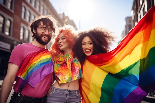 two people with rainbow shirts and a rainbow flag