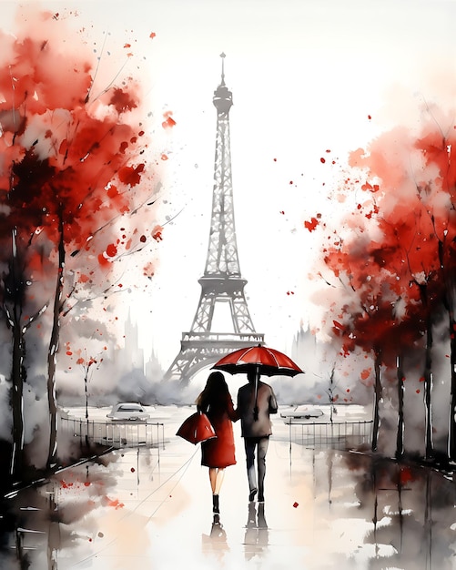 Two People with Umbrellas Walking near the Eiffel Tower