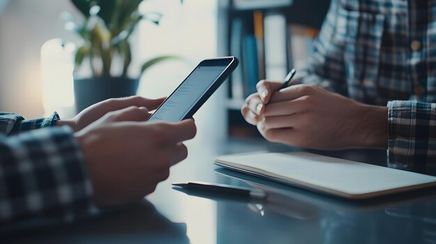 Two People Working Together One Using a Smartphone the Other Taking Notes