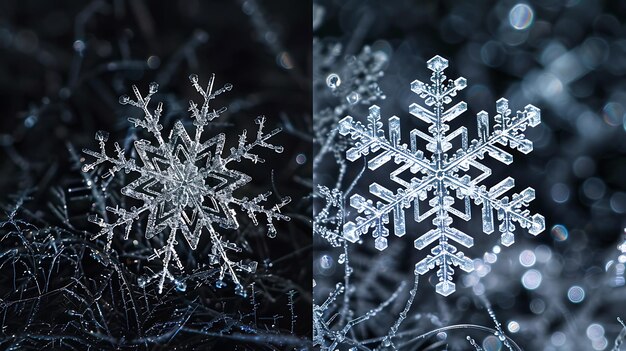 Photo two perfect snowflakes on a black background with bokeh