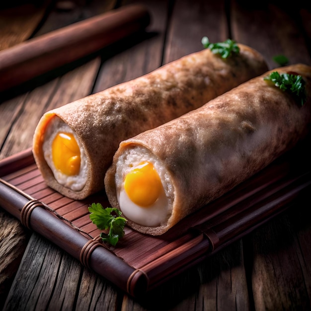 Two perfectly fried egg rolls on a bamboo tray ready to be devoured