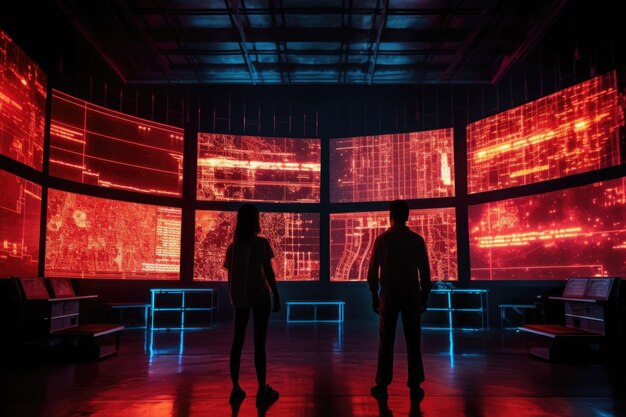 Two persons standing in front of glowing monitors Data charts and numbers on screen Generative AI