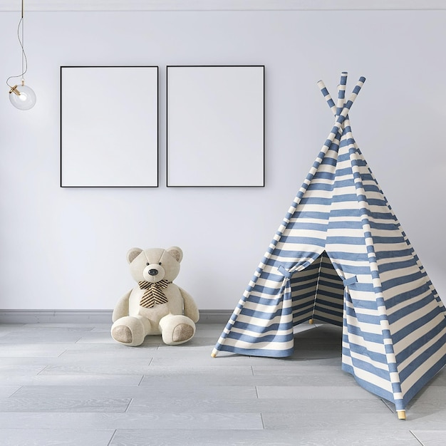 Two photo frame mockup in kids room interior design with cabana, teddy bear, white background