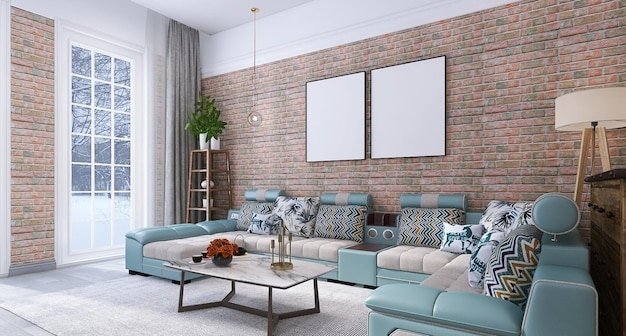 Two photo frame mockup in modern living room interior design with sofa, windows, red bricks wall