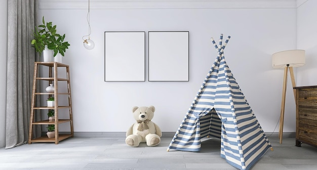 Two photo frame mockup in modern and minimal kids room interior design with kids cabana, white wall