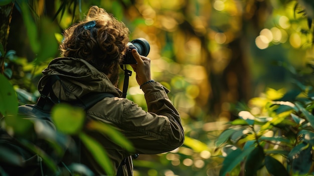 two photographers capturing autumn scenery with cameras in a field with orange foliagw