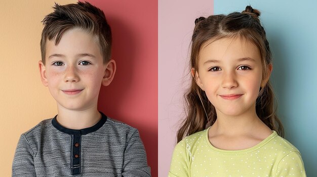 Photo two photos of a boy and a girl with a blue and pink background