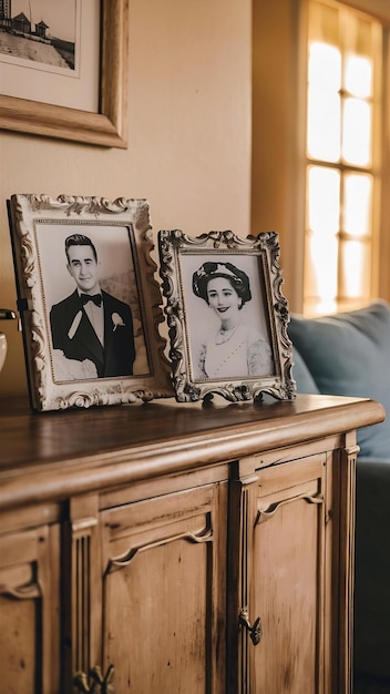 Two picture frames on a wooden sideboard