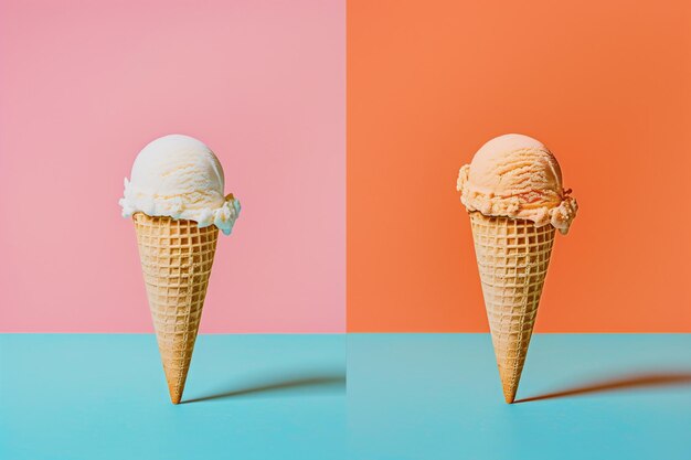 two pictures of an ice cream cone with the word ice cream on the bottom