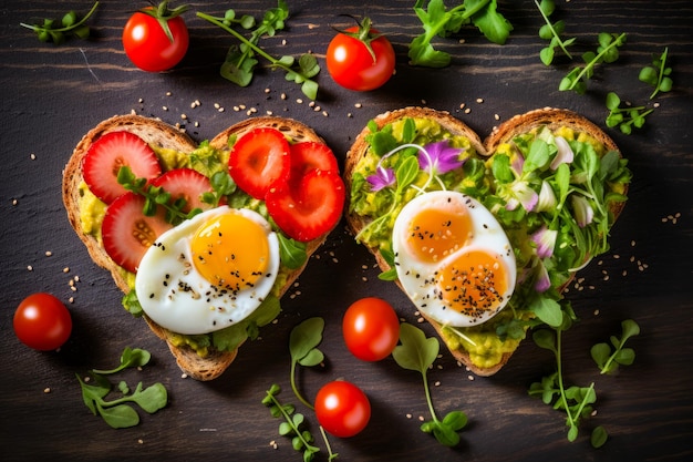 Two pieces of bread with avocado tomato and egg on them