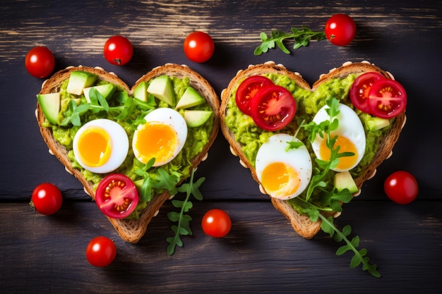 Two pieces of bread with sliced eggs tomatoes and avocado on top