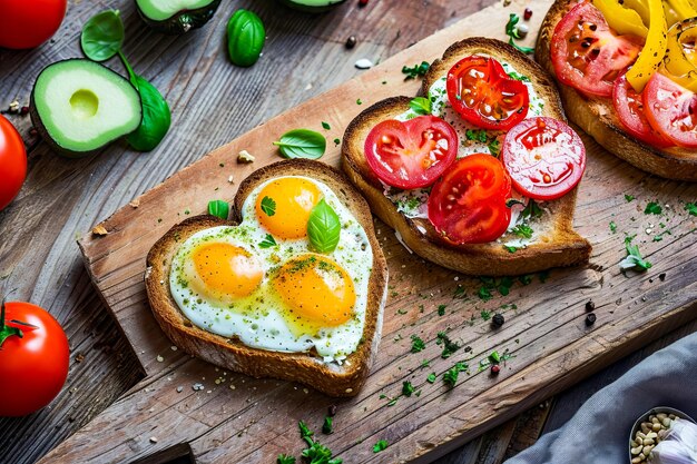 Two pieces of bread with tomatoes and basil on them cut into heart shapes