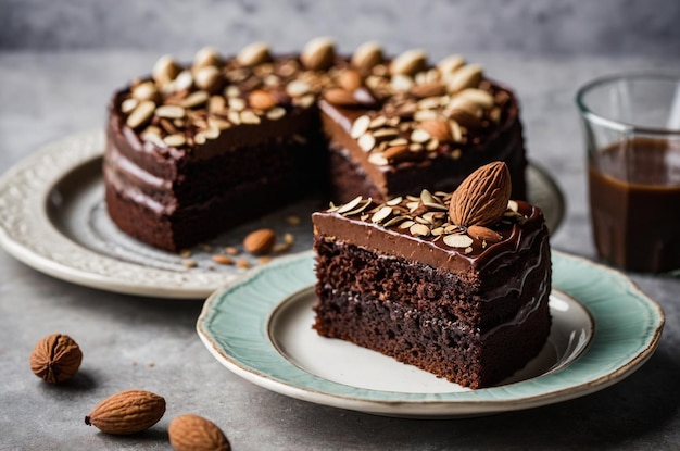 Photo two pieces of chocolate cake with nuts on them