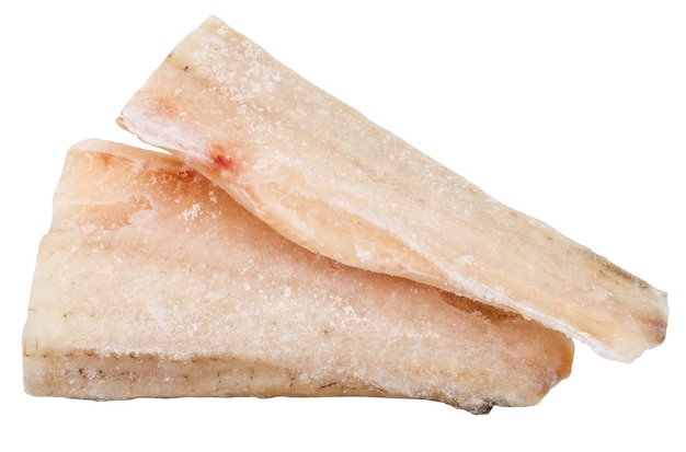 Two pieces of frozen zander fish fillet isolated