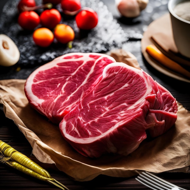 Two pieces of meat are on a table with a fork and a knife.