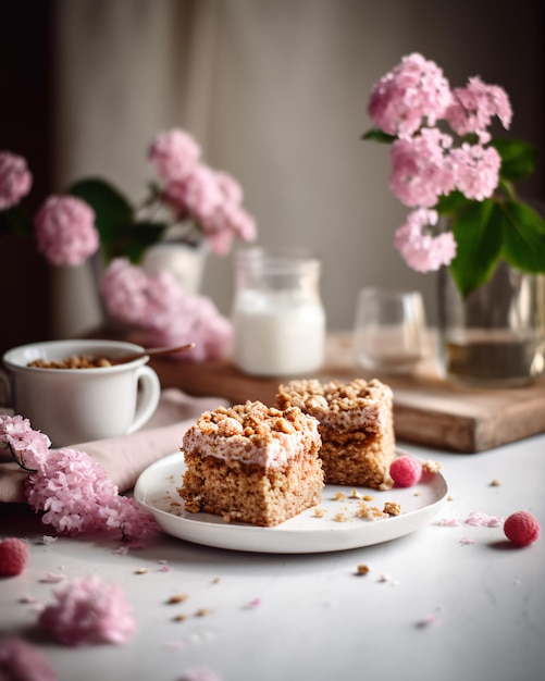 Two pieces of oatmeal bars on a plate with a cup of milk and a pink flower.