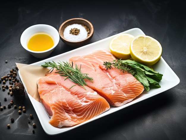 Two pieces of salmon on a plate with lemons and spices ai