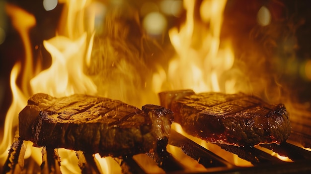 Two pieces of steak are cooking on a grill