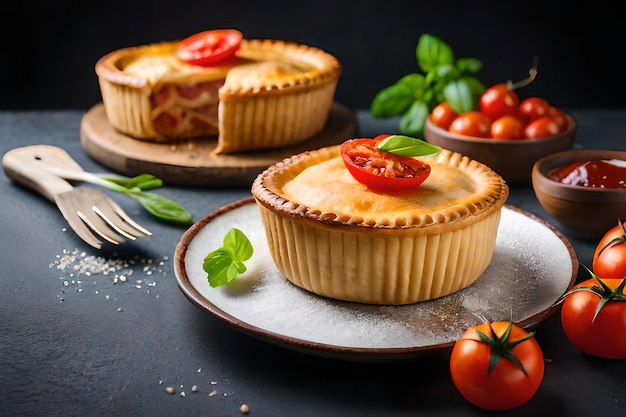 Two pies with a slice of tomato on a plate