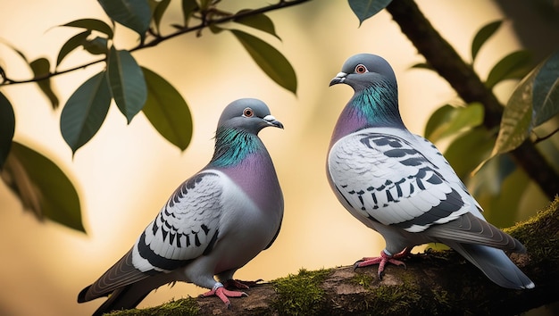 Photo two pigeons are standing on a tree branch and one has the word x on it