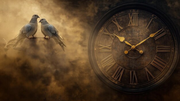 Two pigeons perched on a branch with a large antique clock in the background